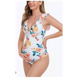 Ziola Maternity White Floral Swimsuit One Piece Ruffle V Neck Lace Up Back•M